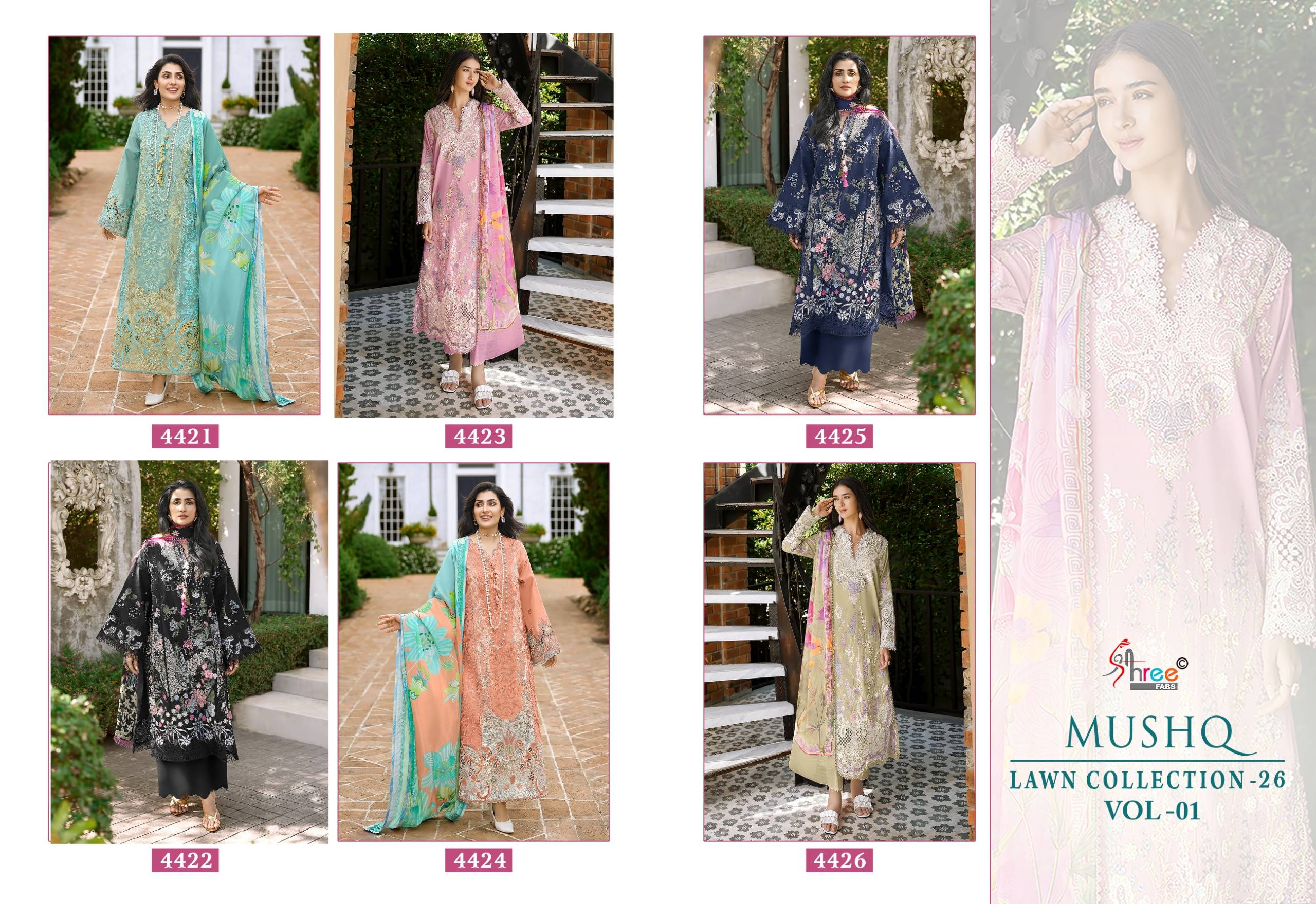 MUSHQ LAWN COLLECTION VOL-1 By Shree fabs 4421 To 4426 Series Pakistani Stylish Embroidered PURE COTTON Dresses At Wholesale Price